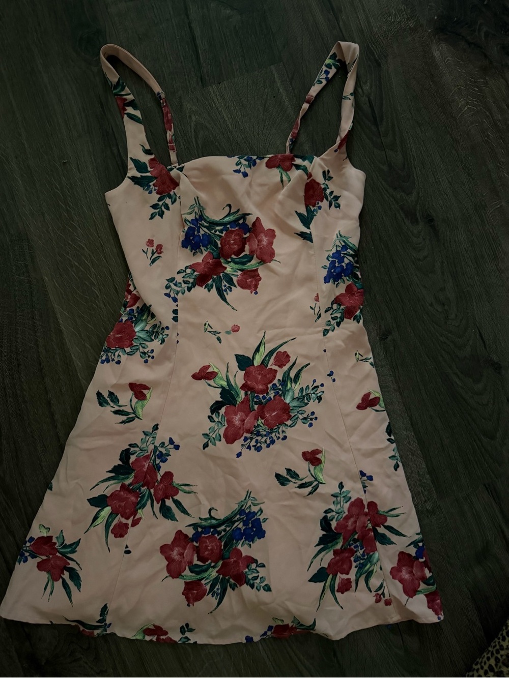 Floral Spaghetti-Strap Sundress in Blush with Red & Blue Flowers